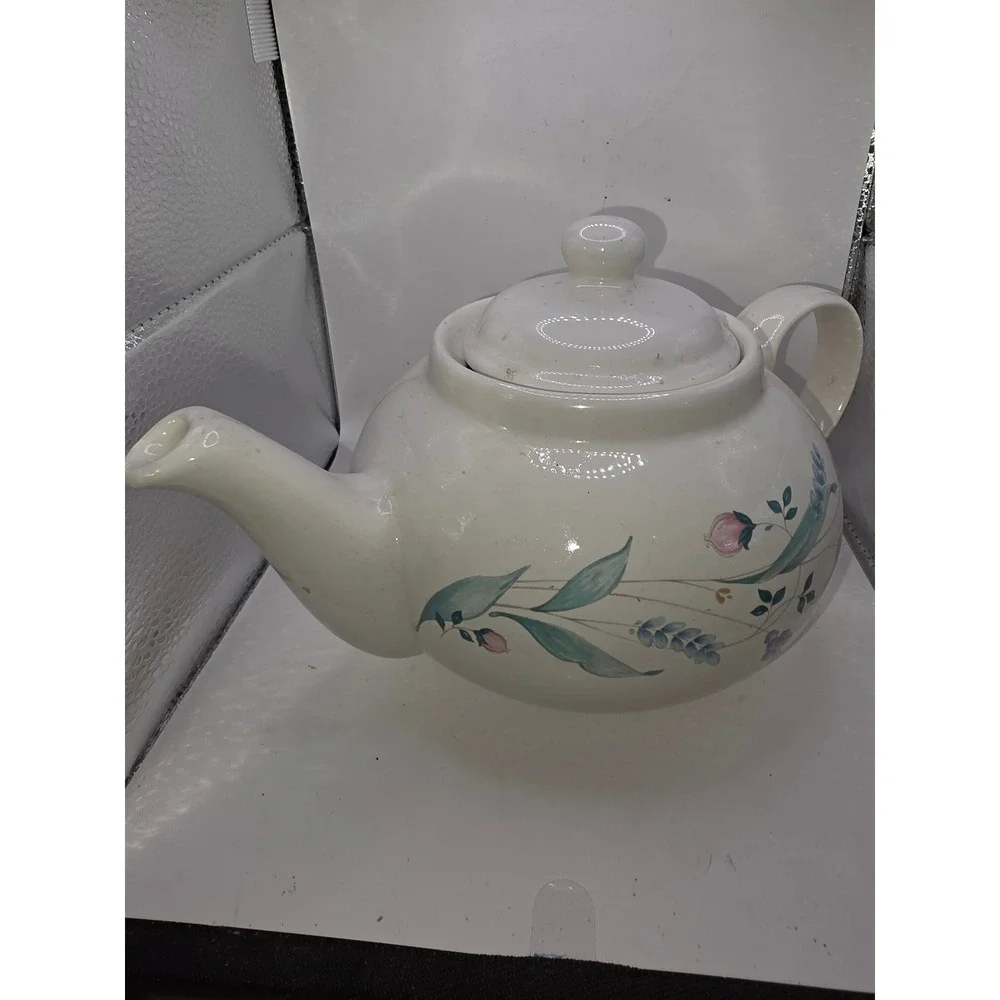 Vintage Floral Ceramic Teapot Cream with Purple and Pink Flowers Cottagecore